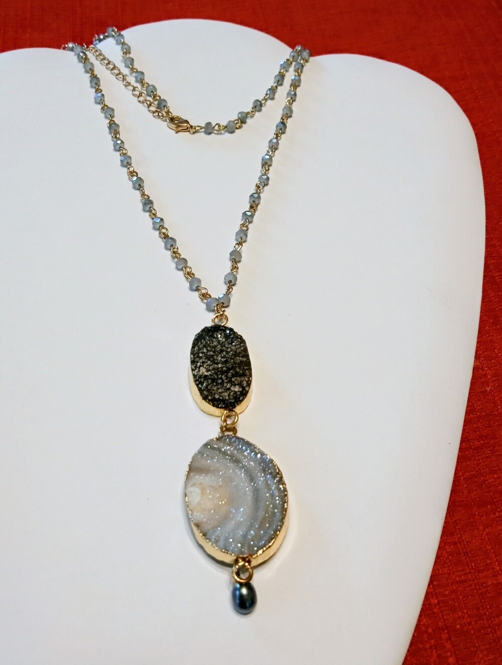 40"Long Statement Boho Sparkling Druzy Geode Beaded 2 Stacked Necklace GoldTone